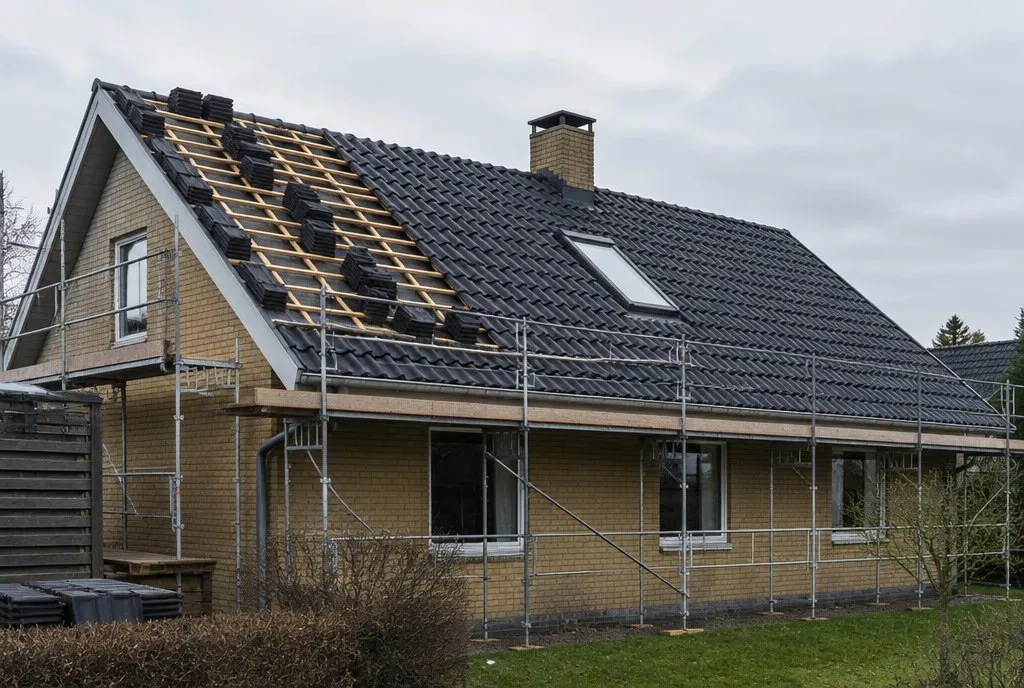 Hus med stillads, hvor taget lægges om med nye tagsten