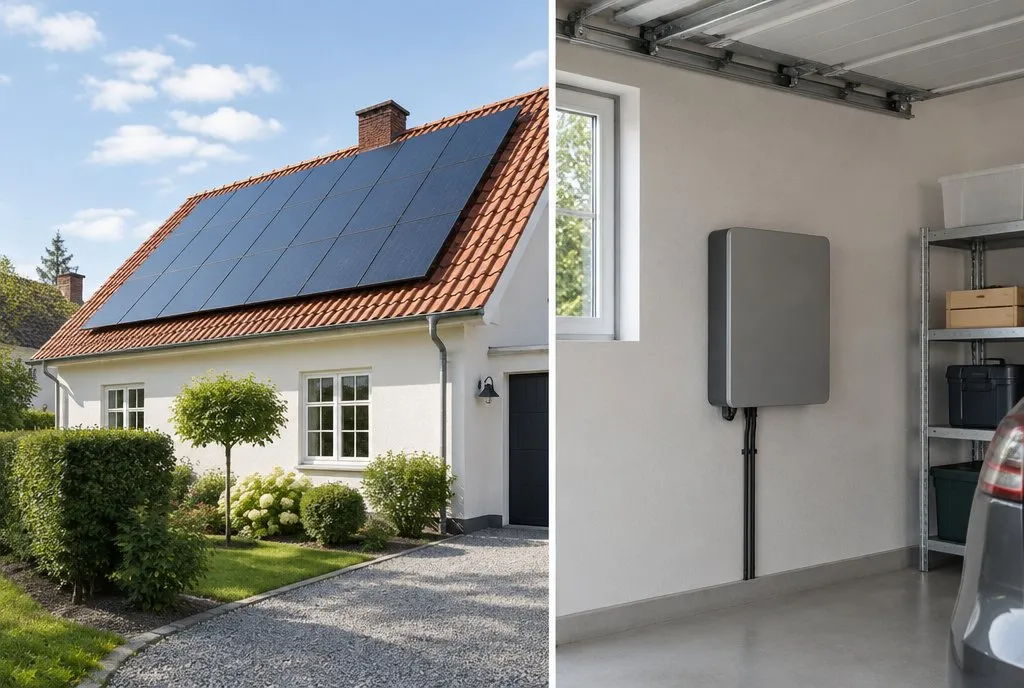 Villa med solceller på taget og et hjemmebatteri på væggen i garagen