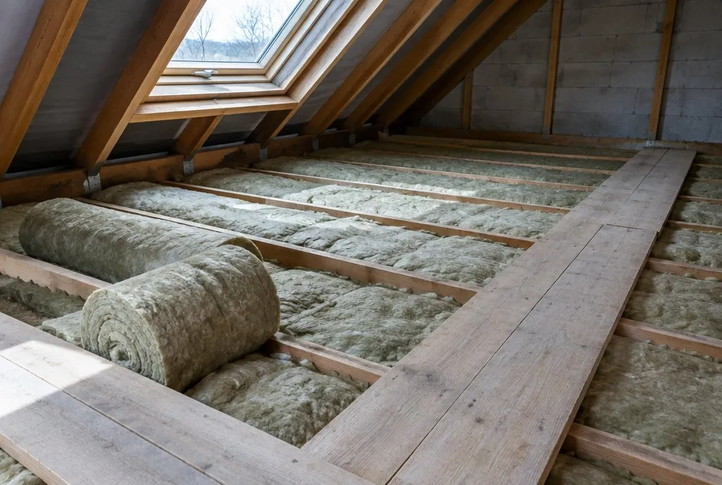 Ruller af mineraluld lagt mellem bjælkerne på et koldt loft