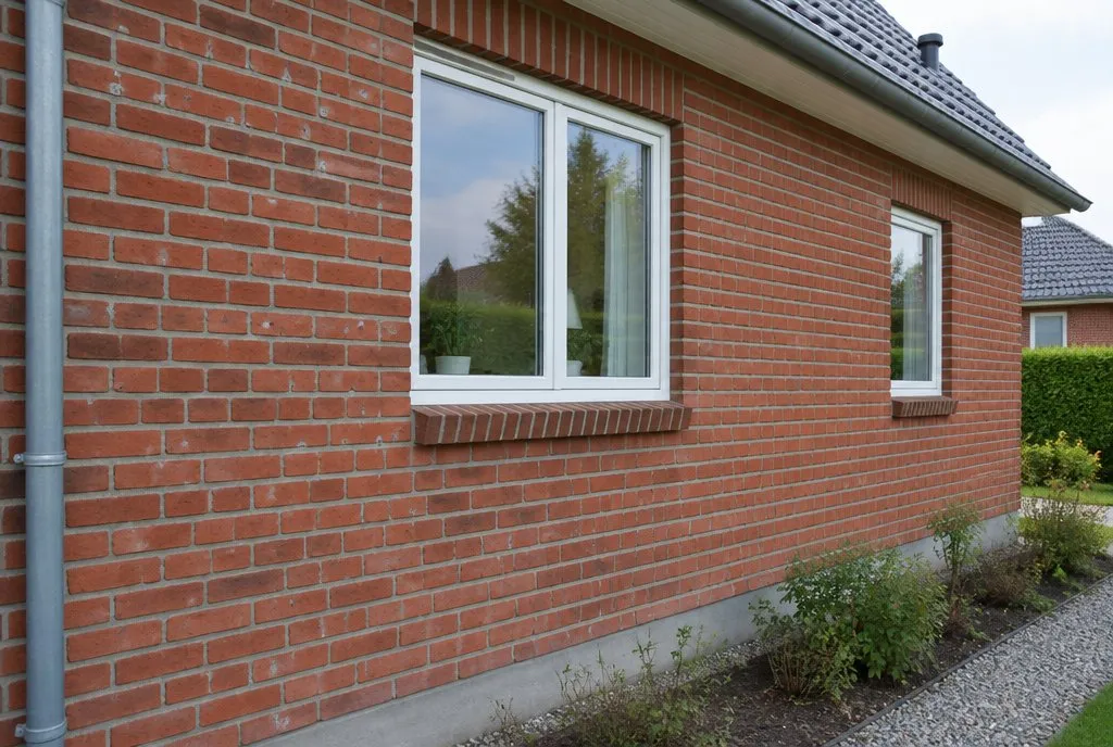Facade af røde mursten med udfyldte borehuller efter hulmursisolering