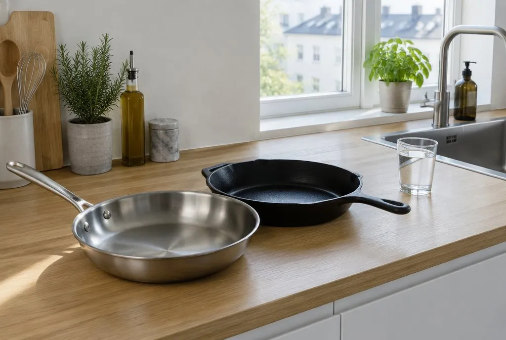 Stålpande og støbejernspande på en bordplade ved siden af et glas vand