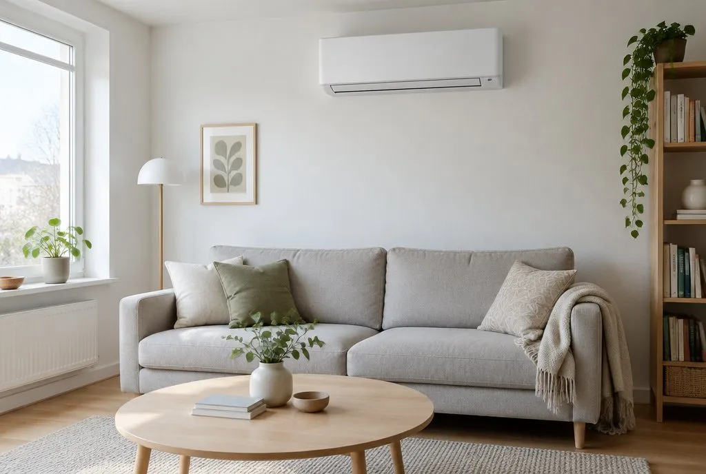 Indedel til en luft-til-luft-varmepumpe over en sofa i en lys stue