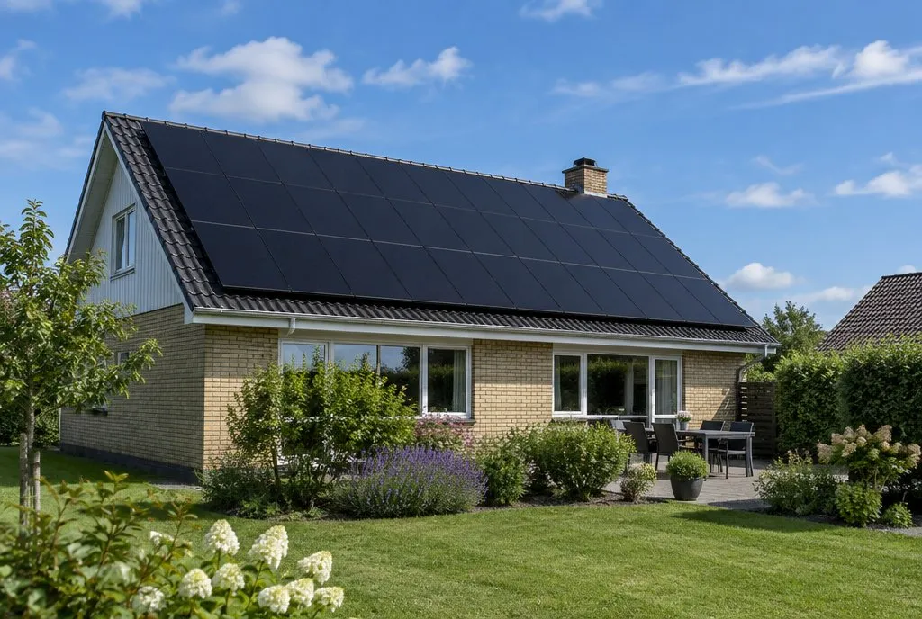 Parcelhus med sorte solceller på det sydvendte tag