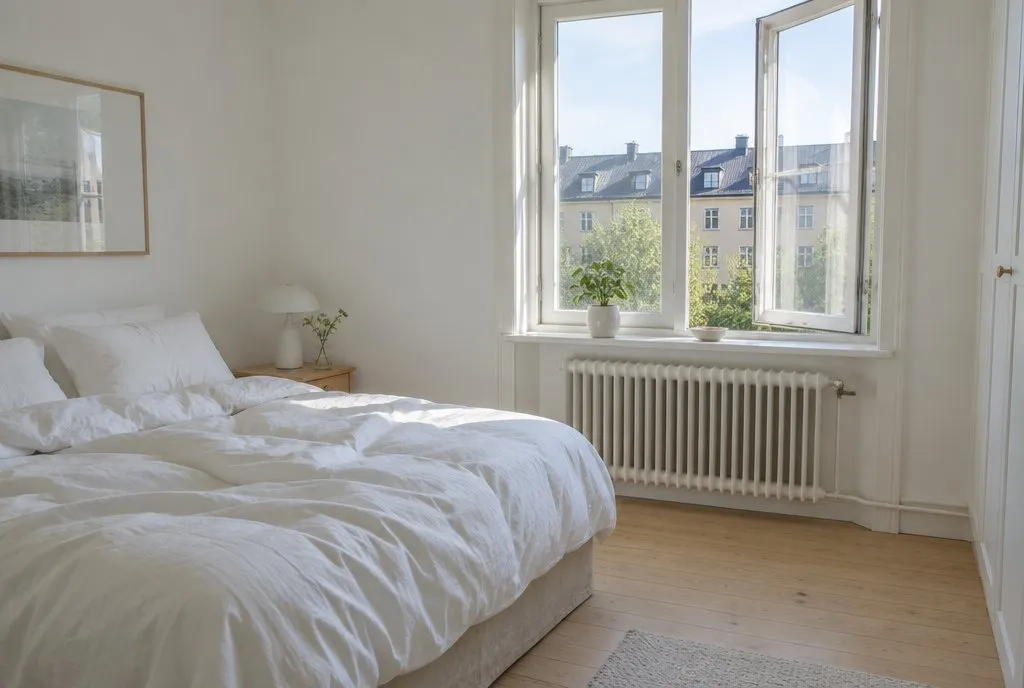 Lyst soveværelse med hvidt sengetøj og et vindue på klem
