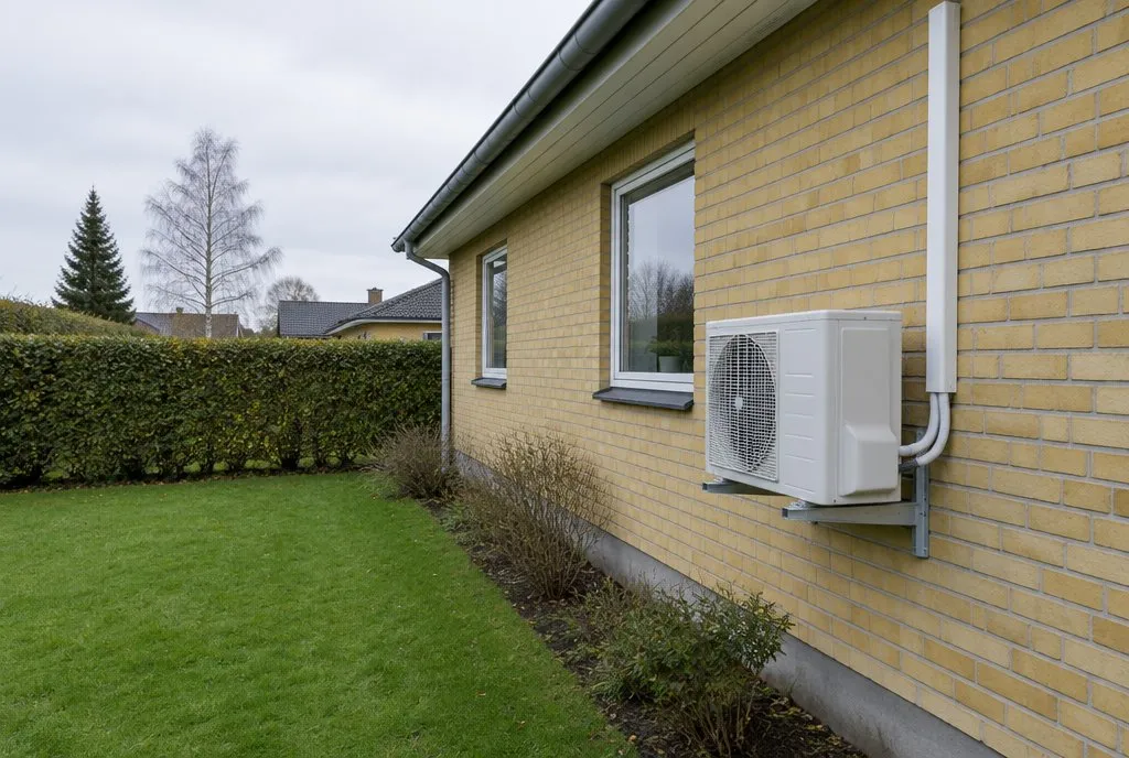 Gult murstenshus med en hvid udedel til en varmepumpe på facaden