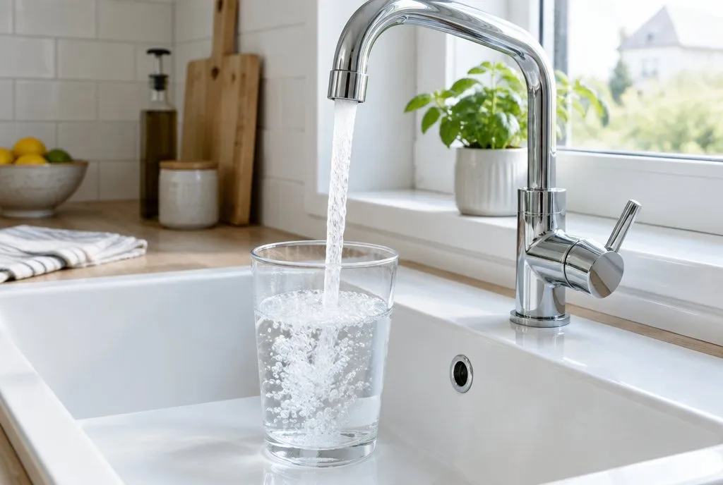 Glas der fyldes med vand fra en køkkenhane
