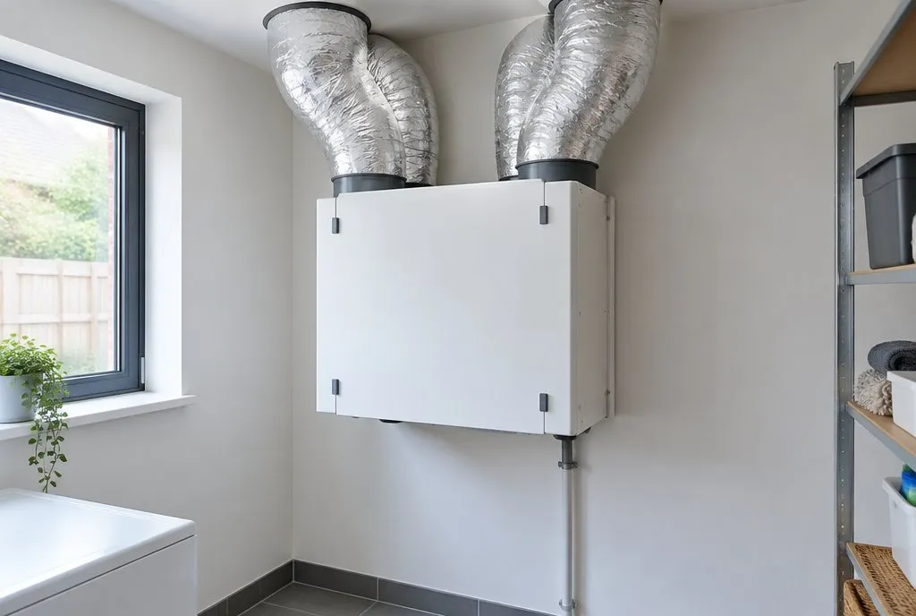 Ventilationsanlæg med varmegenvinding og isolerede kanaler i et bryggers